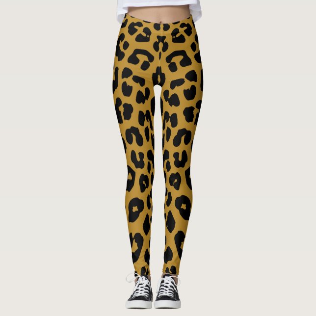 Black and Gold Leopard Print Safari Pattern Leggings (Front)