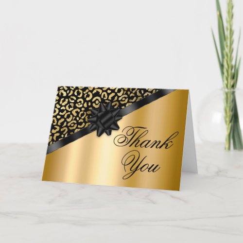Black and Gold Leopard Shimmer Black Bow Gift Thank You Card