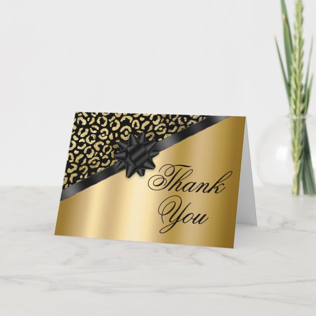 Black and Gold Leopard Shimmer Black Bow Gift Thank You Card (Front)