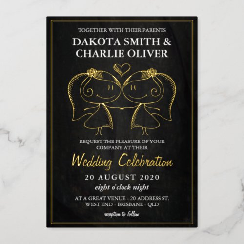 Black and Gold Lesbian Wedding  Foil Invitation