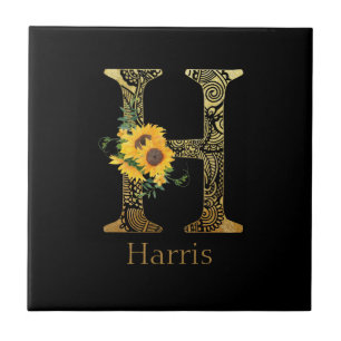 Black and Gold Letter H Sunflowers  Ceramic Tile