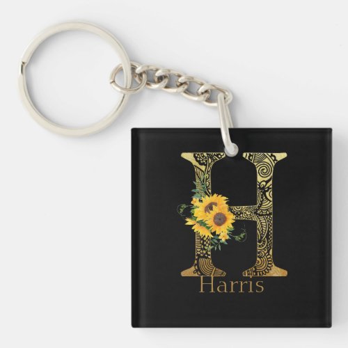 Black and Gold Letter H Sunflowers  Keychain