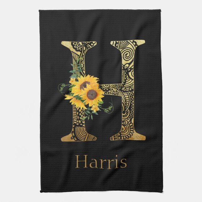 Black and Gold Letter H Sunflowers   Kitchen Towel (Vertical)