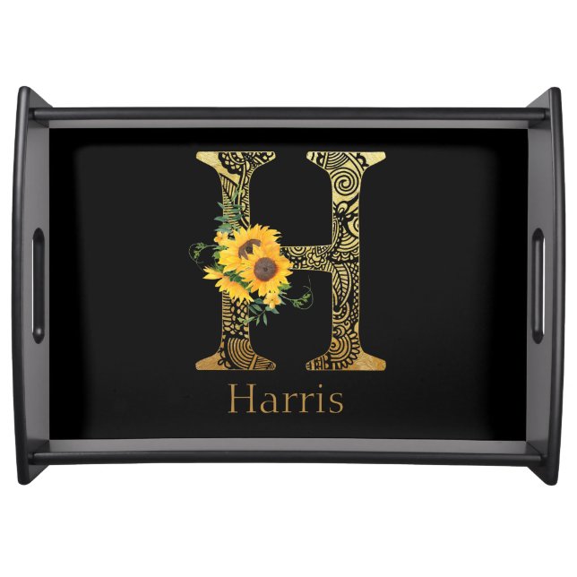 Black and Gold Letter H Sunflowers  Serving Tray (Front)