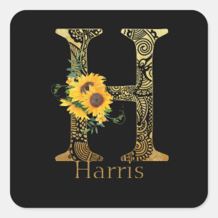 Black and Gold Letter H Sunflowers  Square Sticker