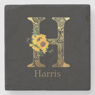 Black and Gold Letter H Sunflowers Stone Coaster
