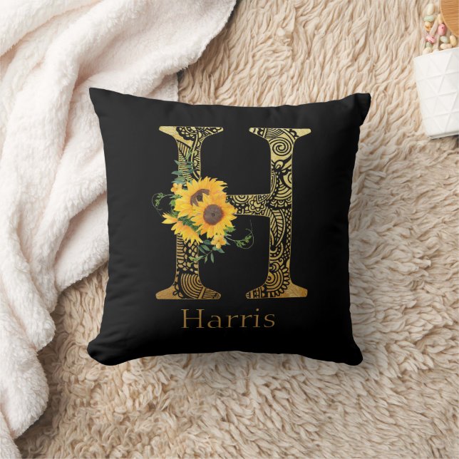 Black and Gold Letter H Sunflowers  Throw Pillow (Blanket)