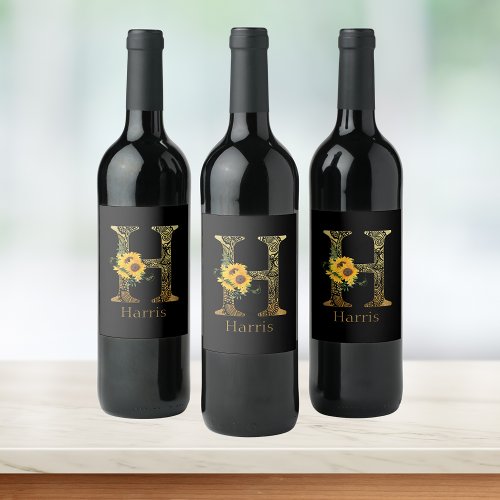 Black and Gold Letter H Sunflowers   Wine Label