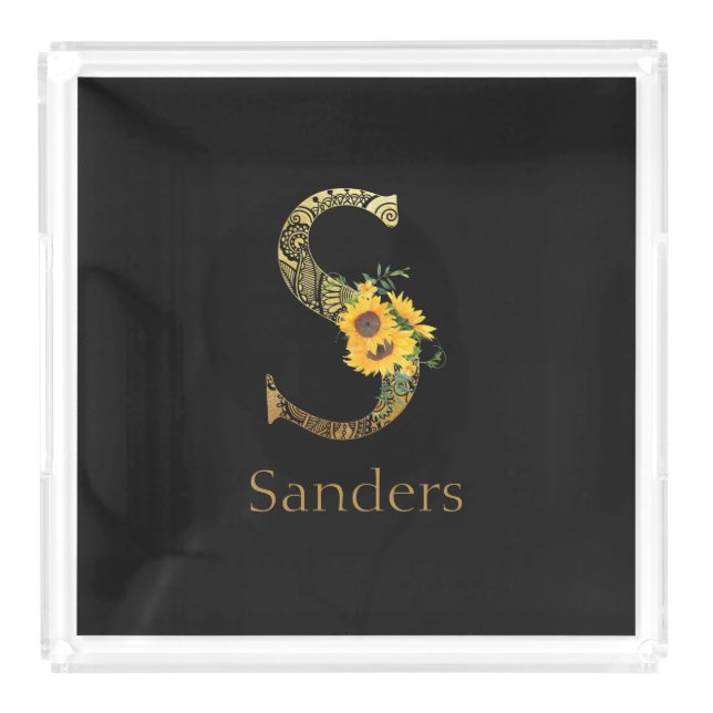 Black and Gold Letter S Sunflowers  Acrylic Tray (Front)