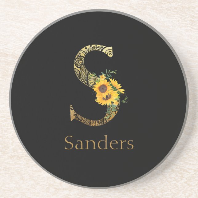 Black and Gold Letter S Sunflowers  Coaster (Front)