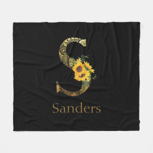 Black and Gold Letter S Sunflowers Fleece Blanket