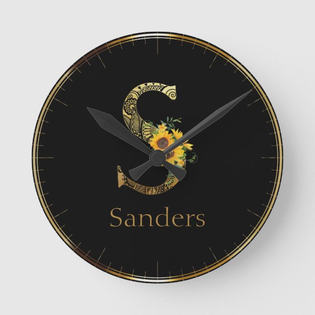 Black and Gold Letter S Sunflowers  Round Clock (Front)