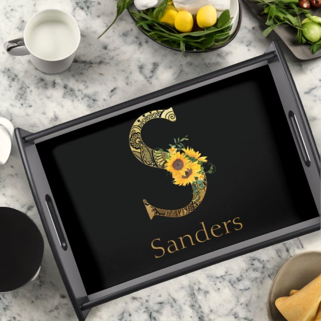 Black and Gold Letter S Sunflowers  Serving Tray (Creator Uploaded)