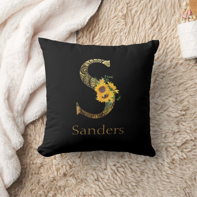 Black and Gold Letter S Sunflowers  Throw Pillow (Blanket)