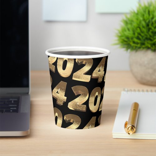 Black and Gold Lettering Happy New Year 2024 Paper Cups