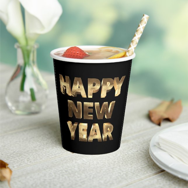 Black and Gold Lettering Happy New Year Paper Cups (Insitu)