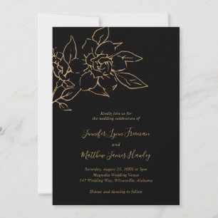 Black and Gold LIne Art Floral Elegant Wedding Invitation