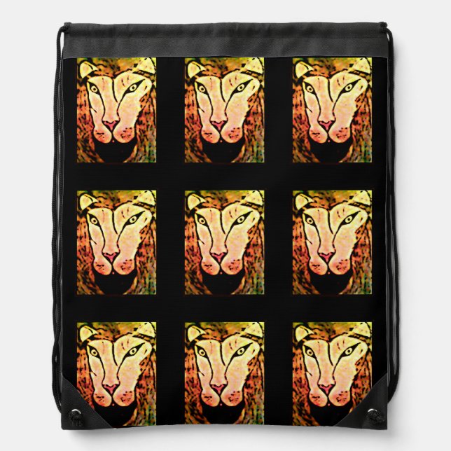 Black And Gold Lion Drawstring Backpack (Front)