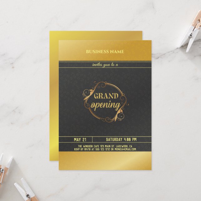 Black and Gold  Logo Grand Opening  Invitation (Front/Back In Situ)