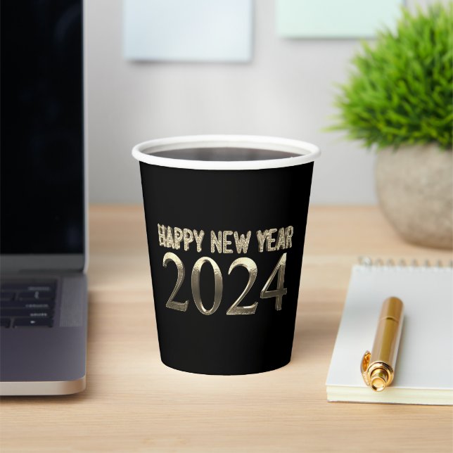 Black and Gold Look Chic Happy New Year 2024 Paper Cups (Insitu)