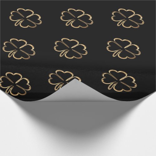 Black and Gold Look Four Leaf Clovers Wrapping Paper