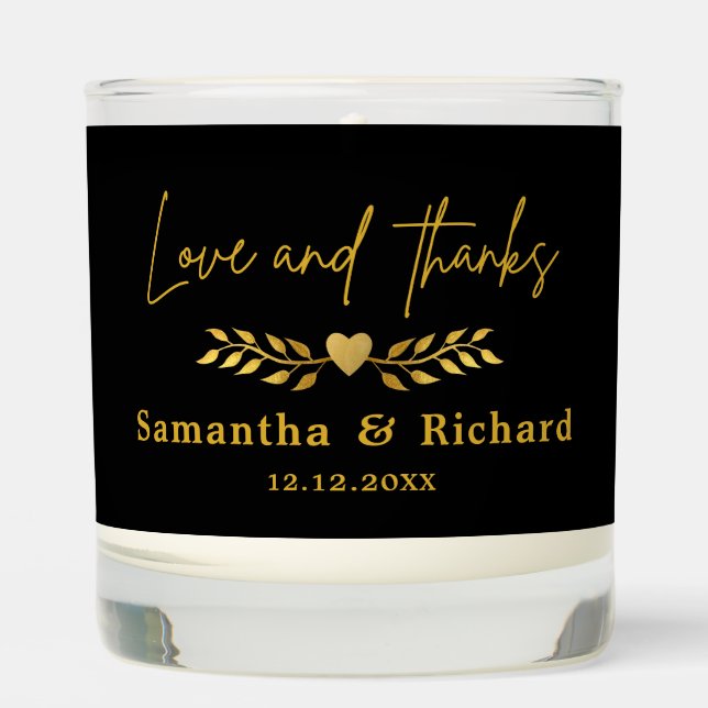 Black And Gold Love And Thanks Wedding Favor Scented Candle (Front)