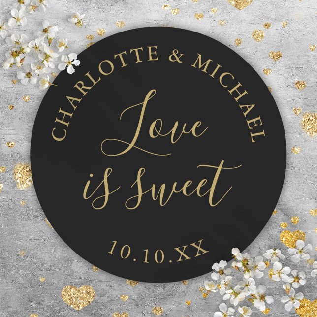 Black And Gold Love Is Sweet Wedding Favor  Classic Round Sticker (Black And Gold Love Is Sweet Wedding Favor Classic Round Sticker)