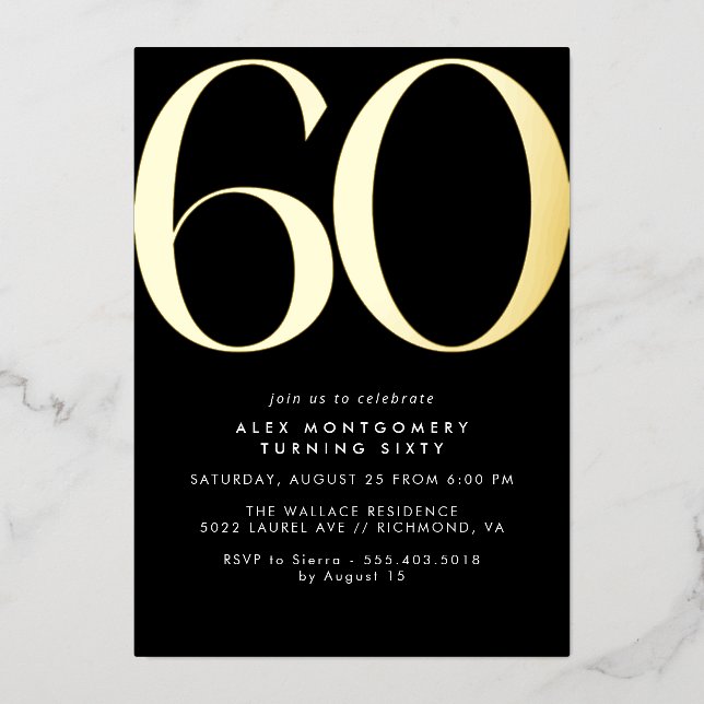 Black and Gold | Luxe Womens or Mens 60th Birthday Foil Invitation (Front)