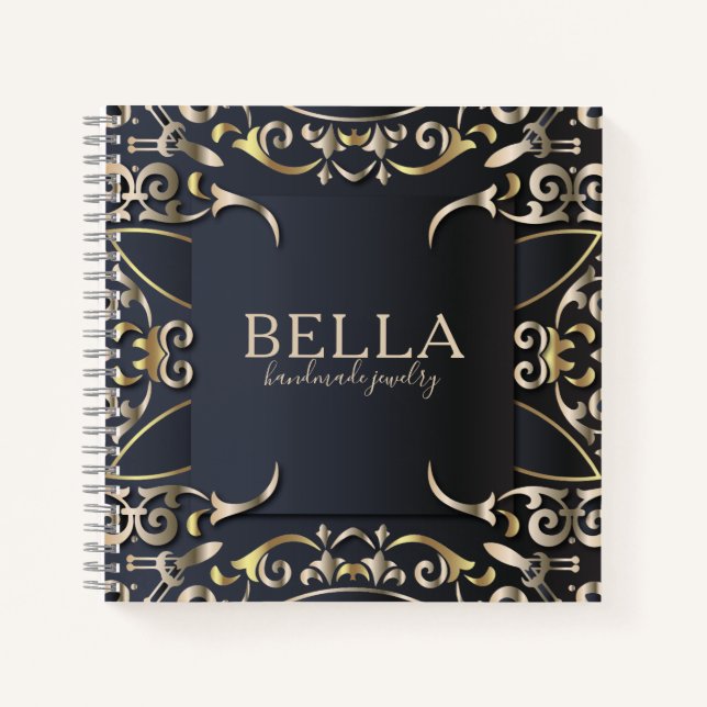 Black and Gold Luxury Chic Baroque Business Name Notebook (Front)