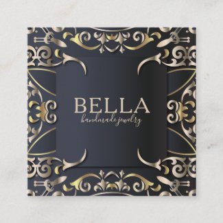 Black and Gold Luxury Chic Baroque Business Name Square Business Card