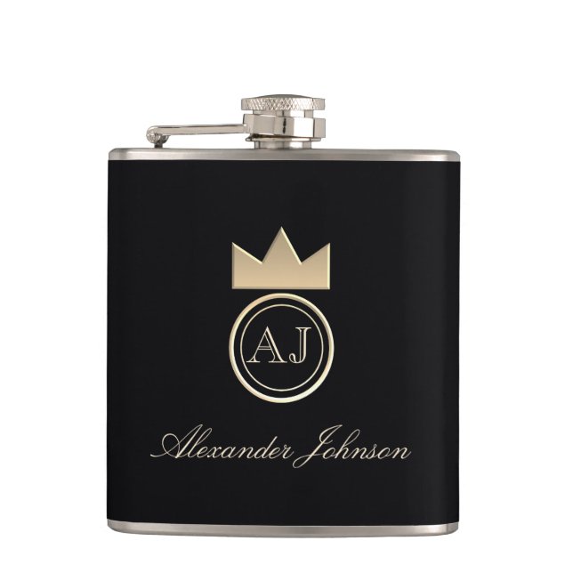 Black and Gold Luxury Elegant Simple Monogrammed Flask (Front)