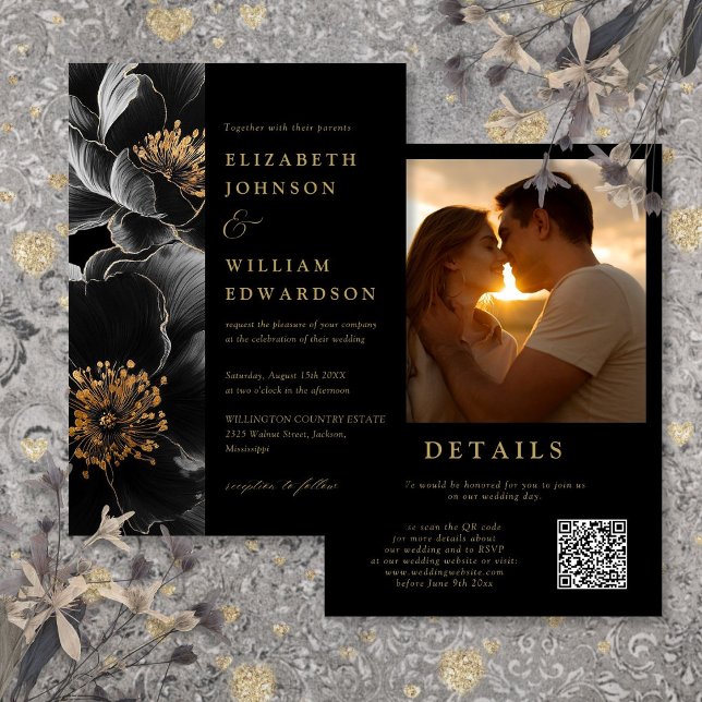 Black And Gold Luxury Floral Photo QR Code Wedding Invitation (Black And Gold Luxury Floral Photo QR Code Wedding Invitation)