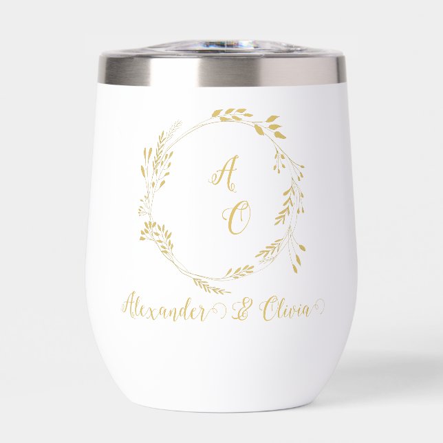 Black And Gold Luxury Floral Wedding  Thermal Wine Tumbler (Front)