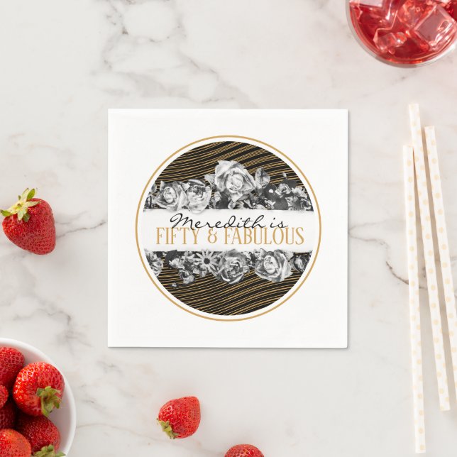 Black and Gold Luxury Personalized 50 And Fabulous Napkins (Insitu)
