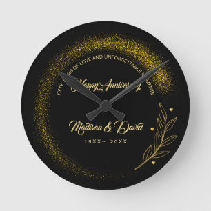 Black and Gold Luxury Wedding Anniversary Round Clock