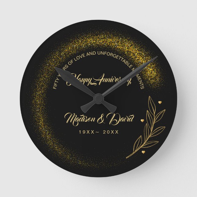 Black and Gold Luxury Wedding Anniversary  Round Clock (Front)