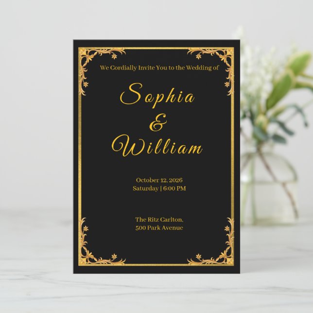 Black and Gold Luxury Wedding Invitation with Eleg (Standing Front)