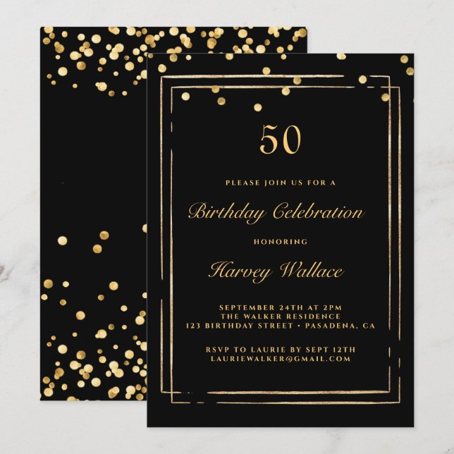 Black and Gold Man 50th Birthday Invitation (Front/Back)