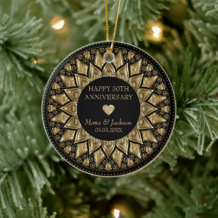Black And Gold Mandala And Heart Ceramic Ornament