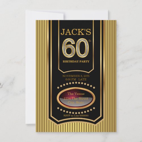 Black and Gold Mans 60th Birthday Party Invitation