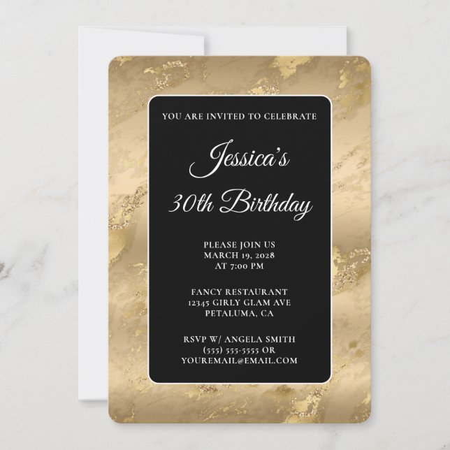 Black and Gold Marble 30th Birthday Invitation (Front)