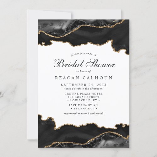 Black And Gold Marble Agate Modern Bridal Shower Invitation