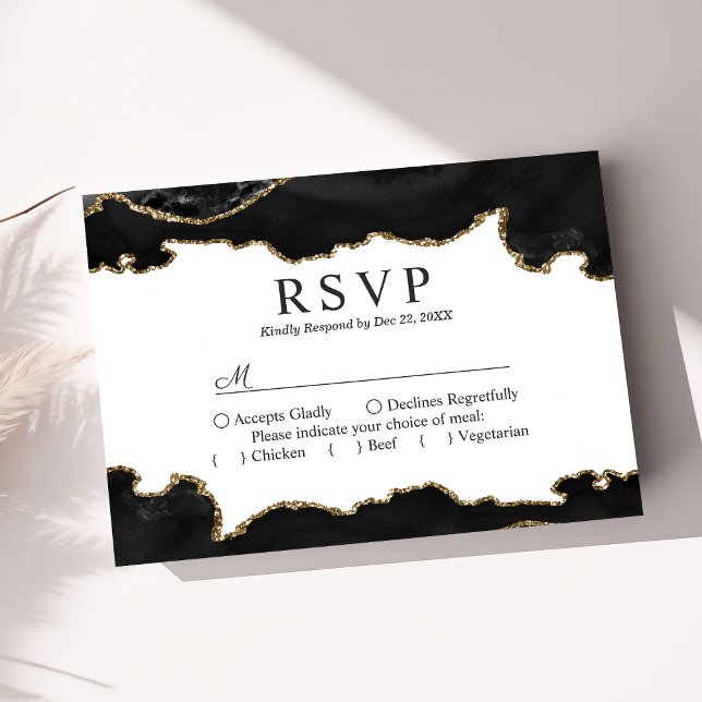 Black And Gold Marble Agate Modern Elegant Wedding RSVP Card (Creator Uploaded)