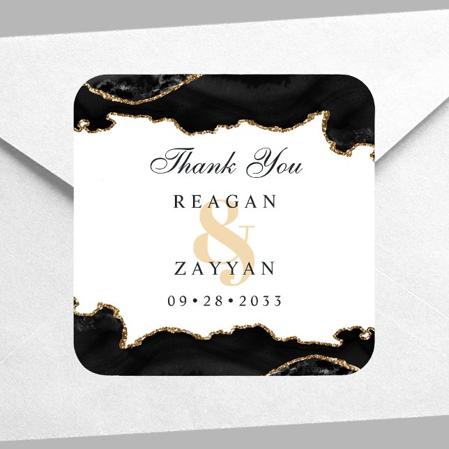 Black And Gold Marble Agate Modern Elegant Wedding Square Sticker (Creator Uploaded)