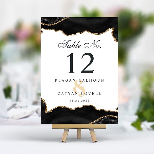 Black And Gold Marble Agate Modern Elegant Wedding Table Number