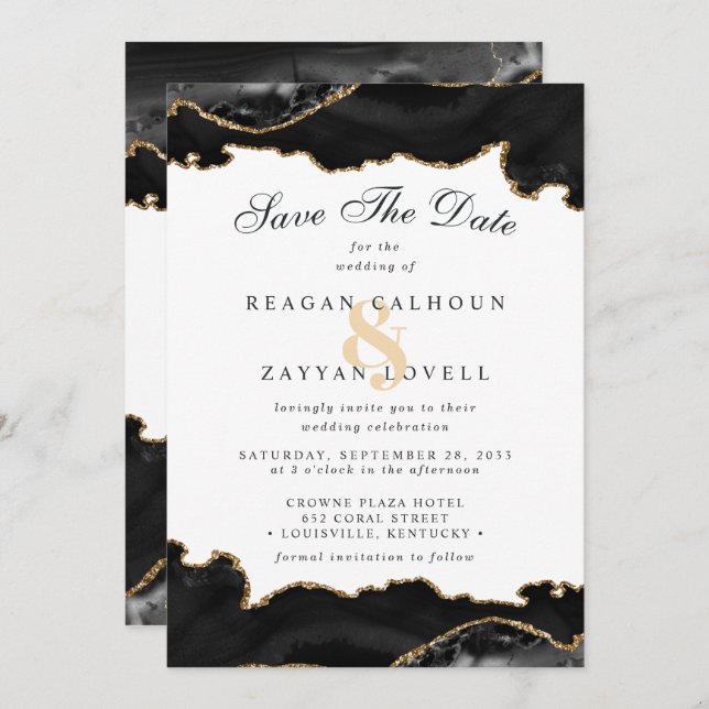 Black And Gold Marble Agate Modern Save The Date (Front/Back)
