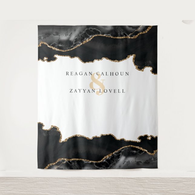 Black And Gold Marble Agate Modern Wedding Photo Tapestry (Front)