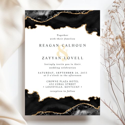 Black And Gold Marble Agate Wedding Invitation