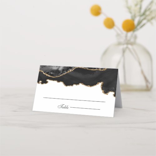 Black And Gold Marble Agate Wedding Place Card