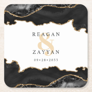 Black And Gold Marble Agate Wedding Square Paper Coaster